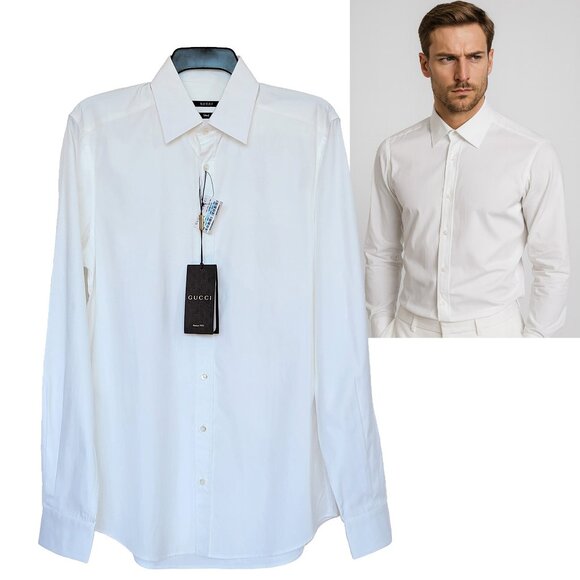 GUCCI DRESS SHIRT MENS FITTED WHITE COTTON w SIGNATURE LOGO BUTTONS sz 39 15.5 - Picture 1 of 10
